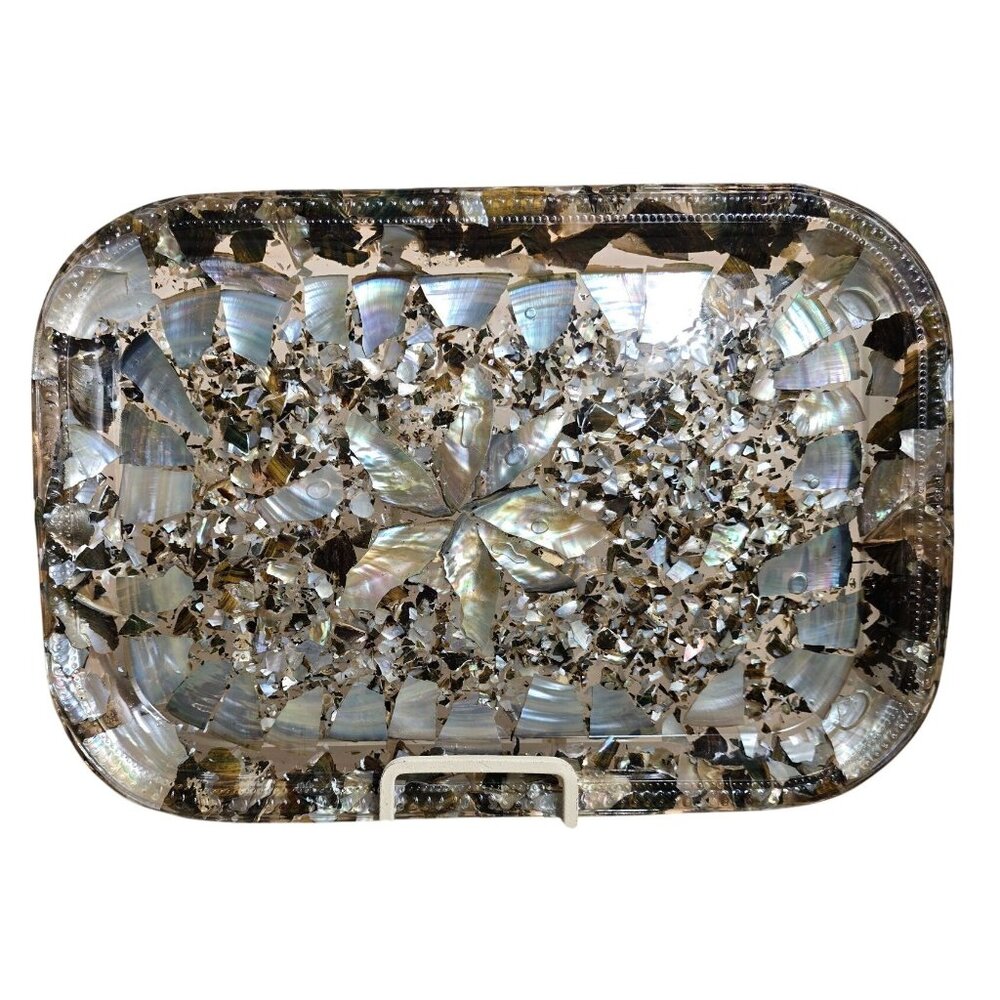 13" Abalone Mosaic Lucite Tray with Iridescent Floral Centerpiece Design